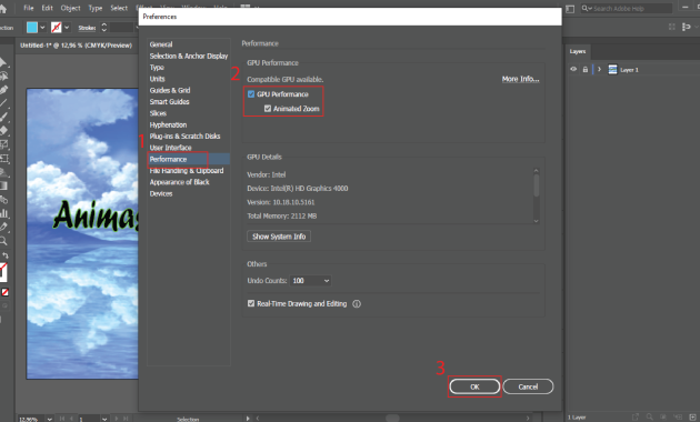 gambar tutorial 2 Animasi zooming Performa GPU di adobe illustrator