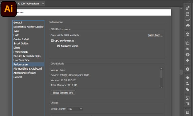 animasi zooming gpu preformance adobe illustrator